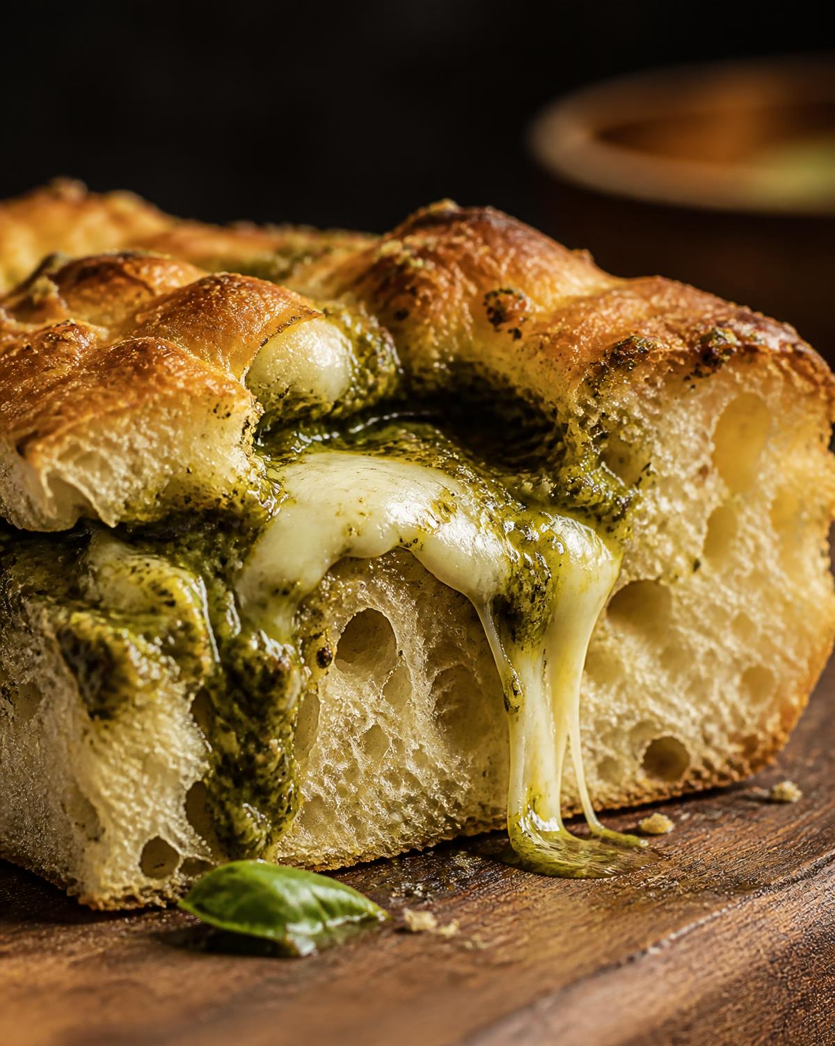 Focaccia recién horneada con mozzarella fundida y pesto de albahaca