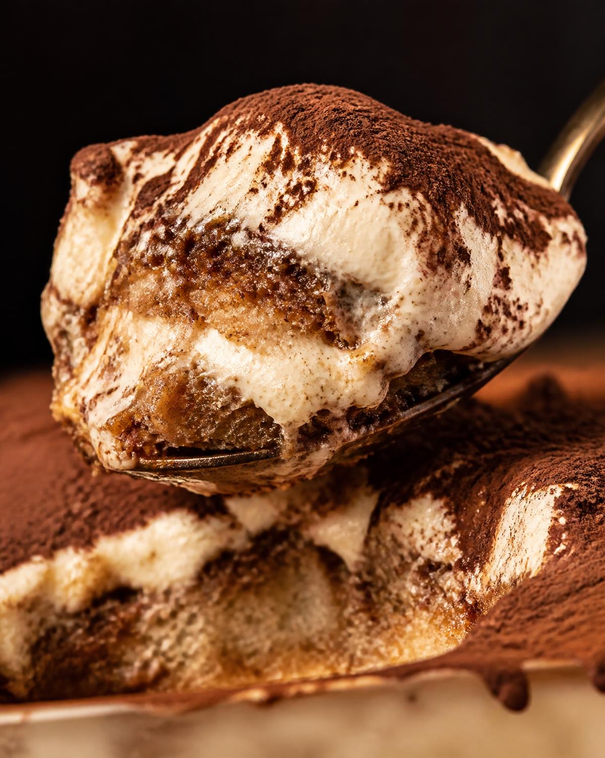 Cucharada de tiramisú con crema de mascarpone y cacao